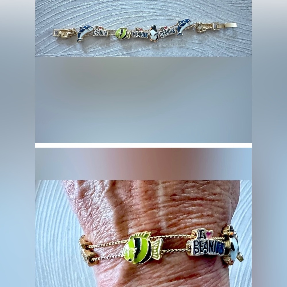 VTG I LOVE BEANIES Babies enamel CHARM BRACELET has DOLPHIN PENGUIN FISH guc